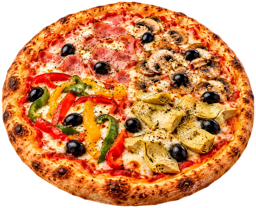 Pizza 4 saisons : jambon, champignons, poivrons, artichauts et olives noires sur mozzarella fondue. Class Pizza, pizzeria à Corbeil-Essonnes